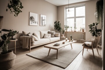 Fototapeta premium cozy and vibrant living room with plants and furniture. Generative AI