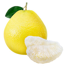 Yellow Pomelo Fruit with leaf or shaddock, Bali lemon, or  grapefruit on Isolate white background...