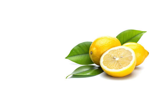 Whole and slice lemon with leaves isolated on white background with copy space. Created with Generative AI Technology