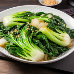 Bok choi and garlic dish, created with Generative AI technology - obrazy, fototapety, plakaty