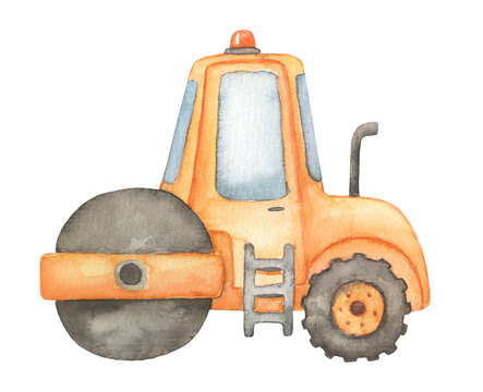 recommend clip art: Construction road roller. Watercolor illustration isolated on white. Childish construction vehicle