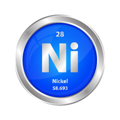 Icon structure Nickel (Ni) chemical element round shape circle blue. Chemical element of the periodic table. Sign with atomic number. Study in science for education. 3D vector illustration.	