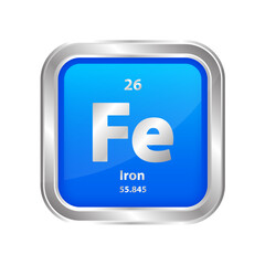 Icon structure Iron, Ferrum (Fe) number 26 chemical element square blue line silver. Periodic table. Sign with atomic number. Study in science for education. 3D vector illustration.	