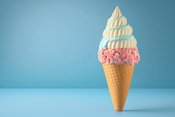 Delicious ice cream cone on a pastel color background evokes the feeling of summer fun and relaxation. Generative AI