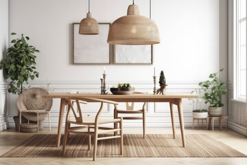 modern dining room with a wooden table and stylish chairs. Generative AI