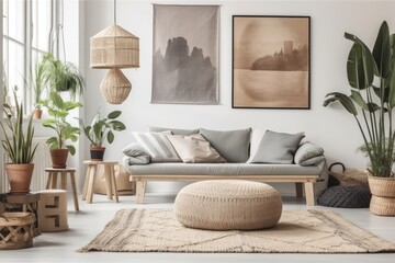 cozy and green living room filled with plants and furniture. Generative AI