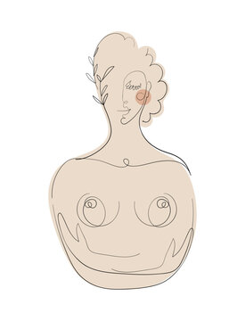 recommend clip art: One line abstract female erotic portrait, beautiful topless woman hugging herself, beauty salon, plastic surgery, female cosmetics. Vector illustration isolated on white background.