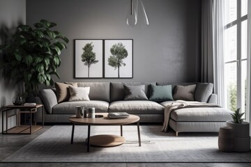 cozy living room with comfortable furniture and natural lighting from a large window. Generative AI