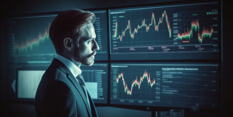 Generative Ai. Businessman Analyzing Investment Strategies Through Multiple Graphs on Screen