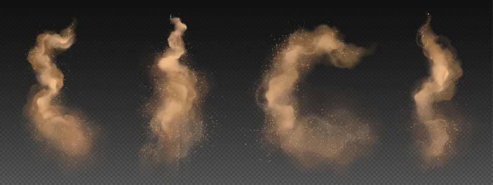 Realistic set of yellow powder clouds isolated on transparent background. Vector illustration of sand swirls, abstract curve, spiral smoke trail sparkling with particles. Cinnamon splash. Dust storm