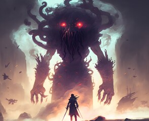 man holding twin swords standing with giant smoke monster, digital art style, illustration painting