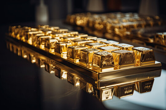 Gold bars in a luxury jewellery store. Selective focus. Generative AI