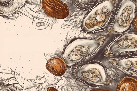 Design template for shellfish and seasonings. Banner for ocean delicacies. Suitable for crafting menus, packaging, recipes, branding, fish market. Generative AI