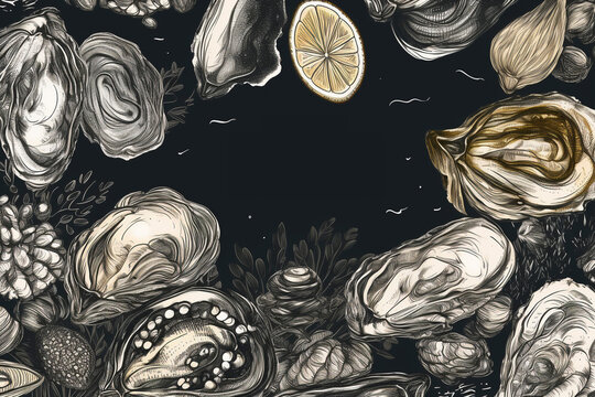 Design template for shellfish and seasonings. Banner for ocean delicacies. Suitable for crafting menus, packaging, recipes, branding, fish market. Generative AI