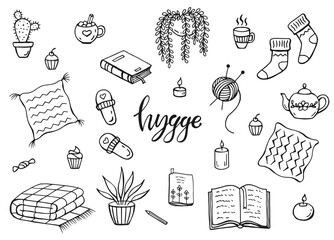 Set of hygge elements. Hand drawn vector illustration. Cozy things isolated on a white background.