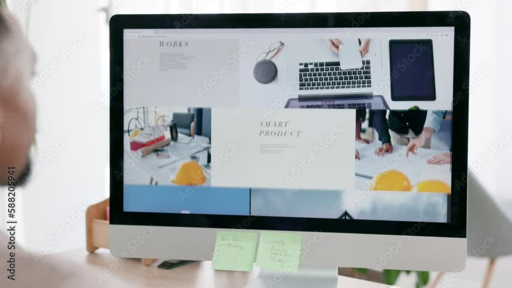Poster Man, computer and screen browsing website homepage for web design, browsing or search at office. Male designer working or scrolling on monitor display for business, research or strategy at workplace
