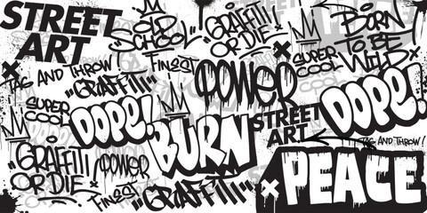 Graffiti background with throw-up and tagging hand-drawn style. Street art graffiti urban theme for prints, banners, and textiles in vector format. © Themeaseven