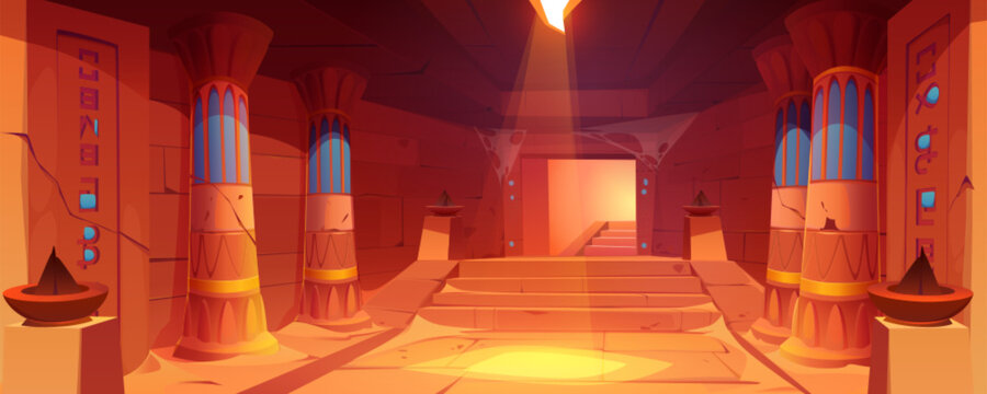 Abandoned Egypt Corridor In Castle With Stairs Cartoon Vector Background. Egyptian Stone Dungeon Cave In Palace With Torch And Staircase. Messy Hallway In Ancient Museum With Symmetry Pillar.