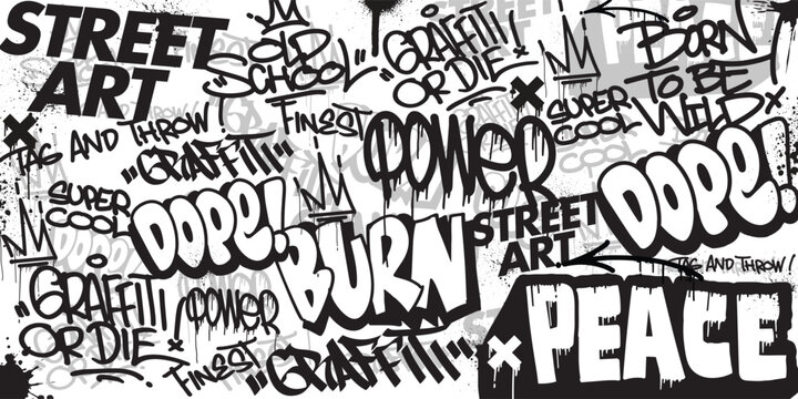 Graffiti background with throw-up and tagging hand-drawn style. Street art graffiti urban theme for prints, banners, and textiles in vector format.