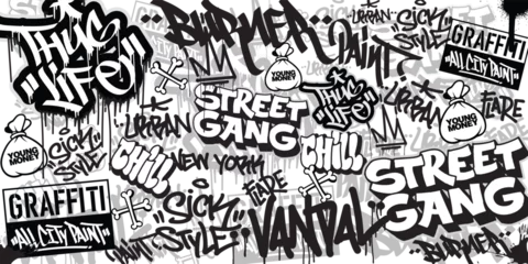 Foto op Plexiglas Graffiti background with throw-up and tagging hand-drawn style. Street art graffiti urban theme for prints, banners, and textiles in vector format. © Themeaseven