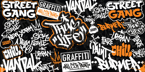 Graffiti background with throw-up and tagging hand-drawn style. Street art graffiti urban theme for prints, banners, and textiles in vector format. © Themeaseven