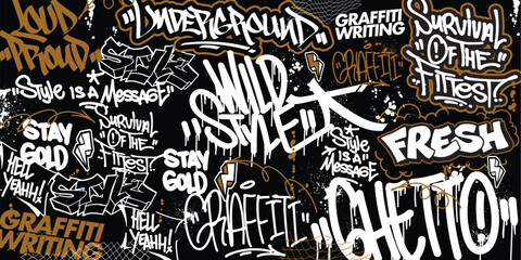 Graffiti background with throw-up and tagging hand-drawn style. Street art graffiti urban theme for prints, banners, and textiles in vector format. © Themeaseven