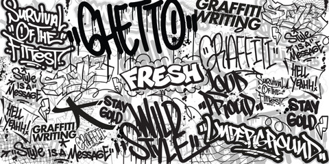 Graffiti background with throw-up and tagging hand-drawn style. Street art graffiti urban theme for prints, banners, and textiles in vector format. © Themeaseven