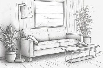 cozy living room with a green chair and plants. Generative AI