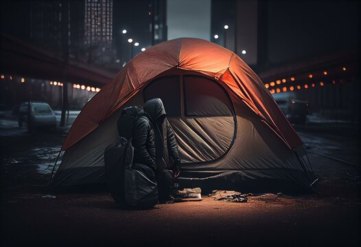 Homeless person tent city on Chicago's Near West Side. Generative AI