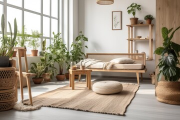 Fototapeta na wymiar vibrant living room with an abundance of plants and cozy furniture. Generative AI