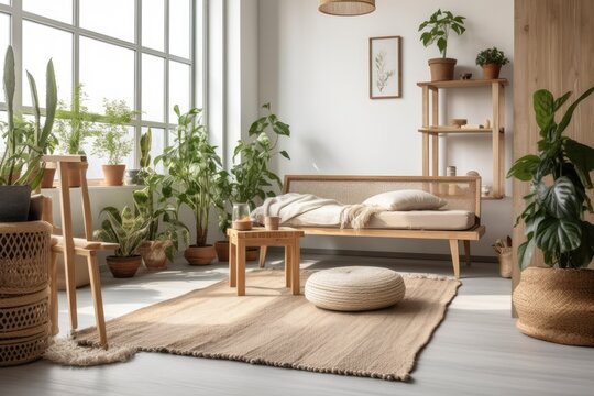 vibrant living room with an abundance of plants and cozy furniture. Generative AI