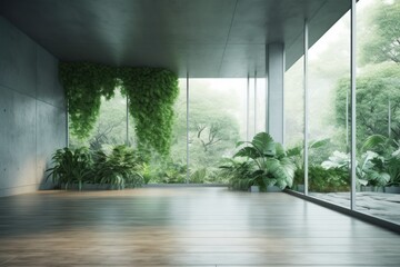 Illustration of an empty room filled with lush green plants. Generative AI