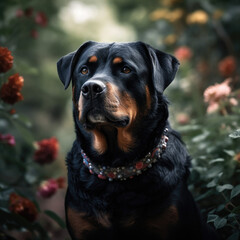 Rottweiler with a beautiful collar,  relaxing,  botanical garden. Generated by AI.