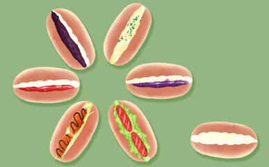 イラスト素材・コッペパン7種セット ウィンナーサンド 緑背景 色違い・差分あり