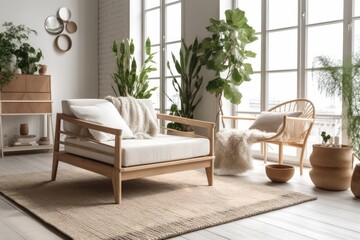 cozy living room filled with lush green plants and stylish furniture. Generative AI