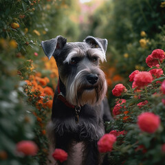 Miniature Schnauzer,  vibrant flowers, exploring a garden, with blooming hedges. Generated by AI.
