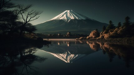 Fototapeta na wymiar A beautiful Mt. Fuji at night with full moon