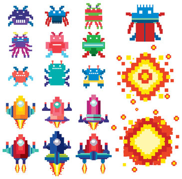 Set of pixel game monster characters