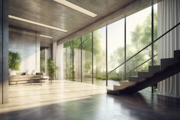 spacious living room with a grand staircase and ample natural light. Generative AI