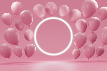 3D Rendering : Illustration of Balloon floating with circle neon lights bar. pastel pink color.  background for product.