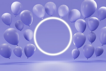 3D Rendering : Illustration of Balloon floating with circle neon lights bar. pastel purple color.  background for product.