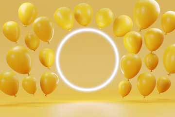 3D Rendering : Illustration of Balloon floating with circle neon lights bar. pastel yellow color.  background for product.