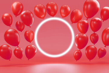 3D Rendering : Illustration of Balloon floating with circle neon lights bar. red trendy color.  background for product.