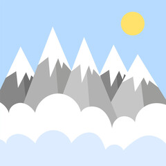 Cartoon mountains sun clouds. Space travel. Travel game background. Vector illustration.