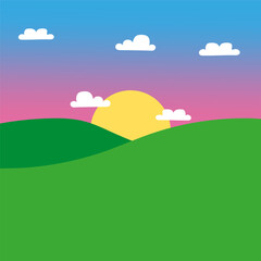 Obraz premium green cartoon meadow sun. Hills horizon. Vector illustration.