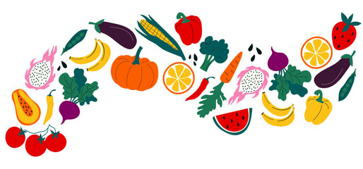 Fototapeta na wymiar Colorful grocery banner. Hand drawn healthy and organic food. Vegan products vector illustration. All items are isolated.concept of healthy food. A perfect template for a market, fair, food delivery.