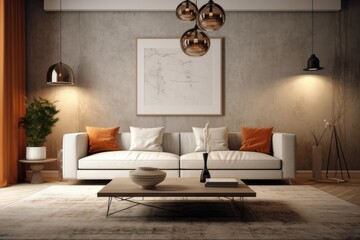 minimalist living room with a white couch and a stylish coffee table. Generative AI