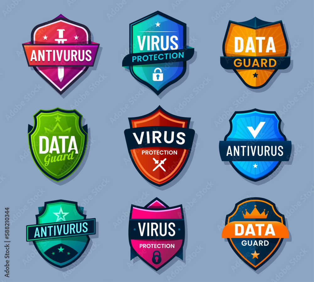 Aufkleber Shield of antivirus, data guard and virus protection cyber technology, vector lock icons. Digital network antivirus shields for secure computer information and data security or antivirus software