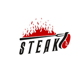 Bbq grill icon with steak hanging on fork and burning fire. Isolated vector label, black and red badge for restaurant menu, cooking event, food court or butchery with grilled piece of meat on flame