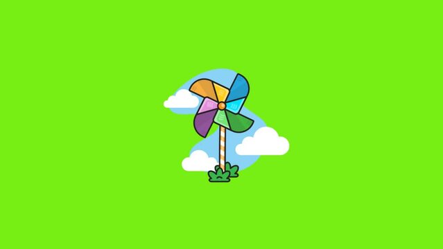 Colorful pinwheel footage on grass-covered clouds. Rotating Pinwheel Toy animation. Renewable energy concept.3D rendering isolated on the green screen  video
